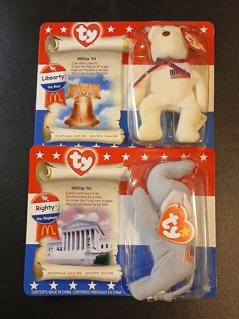 Two  Ty Teenie Beanie Babies From McDonald;s American Trio